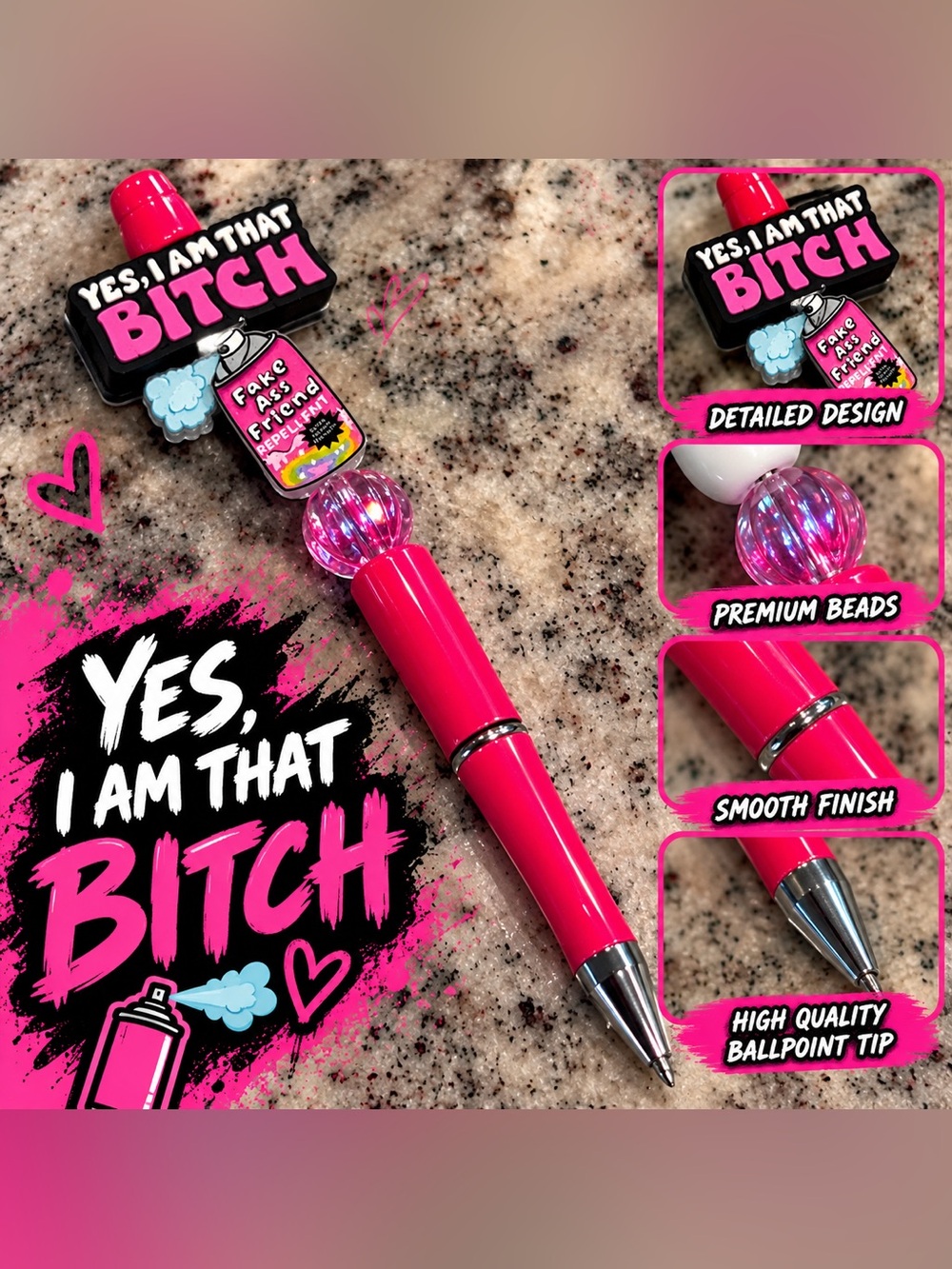 Hot Pink Decorative Ballpoint Pen with Playful Topper